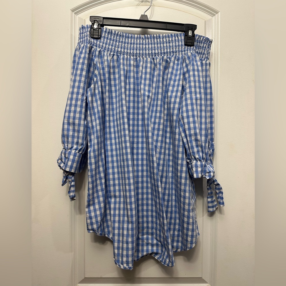 Signature Studio Blue and White Gingham Off-Shoulder Shirt - Picture 1 of 2